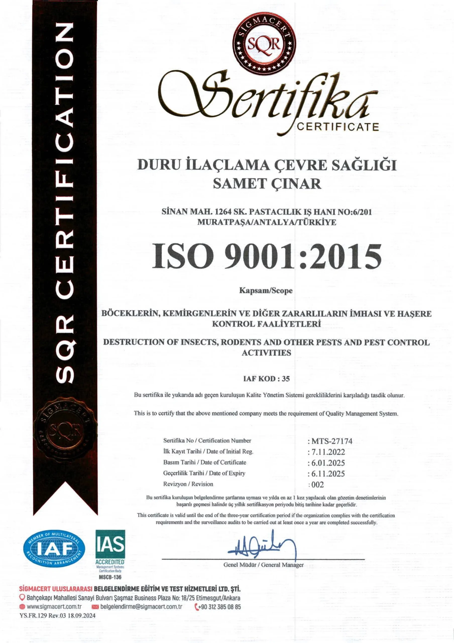 duru ilaçlama kalite belgesi 0001